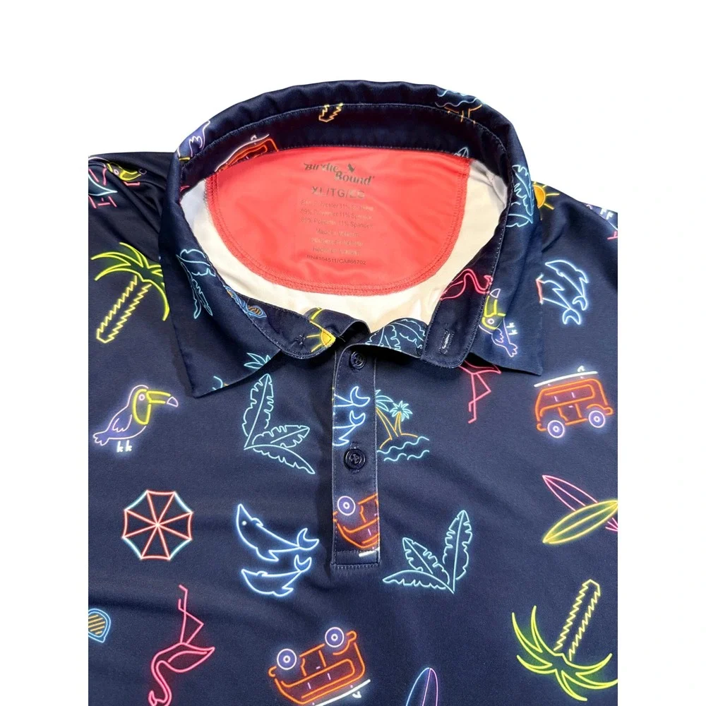 Birdie Bound Neon Tropical Polo Shirt Size XL Dark Blue Golf Summer